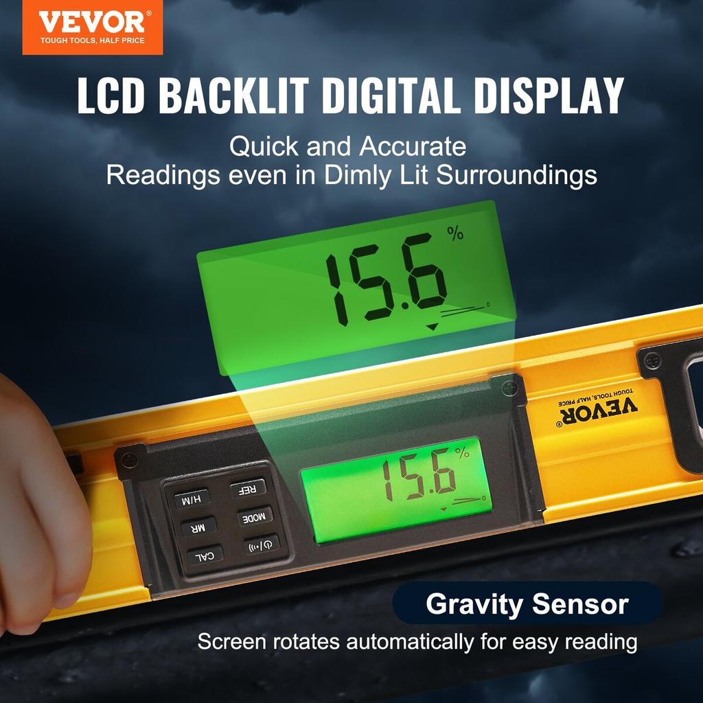 Magnetic Torpedo Level, 600mm, LED Backlit Screen Mechanical Bubble Vials Ruler for 0-360 Degree, Gravity Sensor Aluminum Alloy Leveler Tool w/