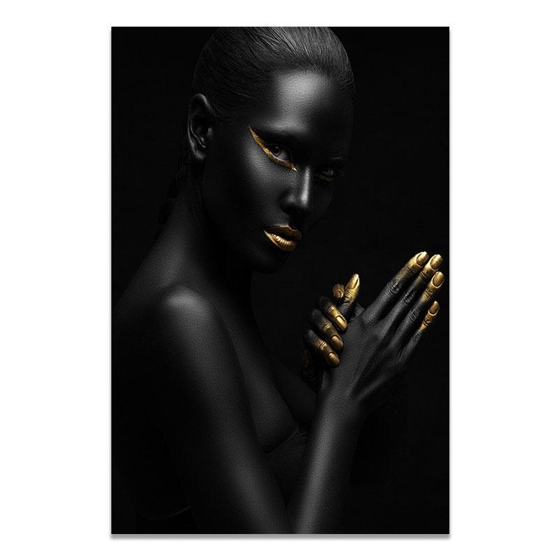 Modelo de maquiagem moderna dourada e preta, mulher africana, pinturas de arte de parede em tela, pôster de menina da moda, impressões para sala de estar, decoração de casa