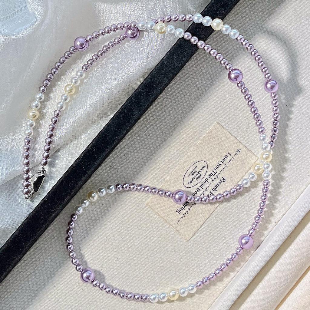 Maillard Style Vintage Mixed Purple Faux Crystal Pearl Necklace Collarbone Chain Sweater Chain