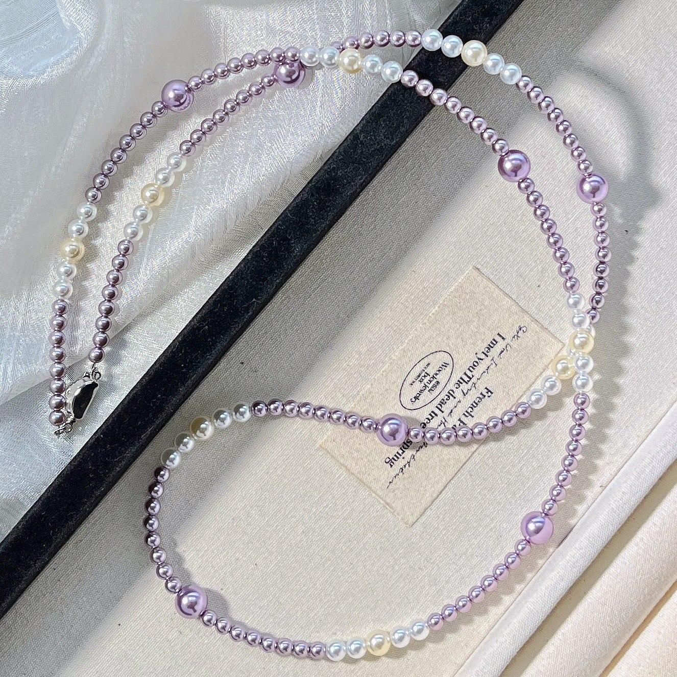 

Maillard Vintage Mixed Color Purple Faux Crystal Pearl Necklace Collarbone Chain Sweater Chain