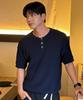 KNITTED Coolever Henley Neck Short Sleeve Knit Navy