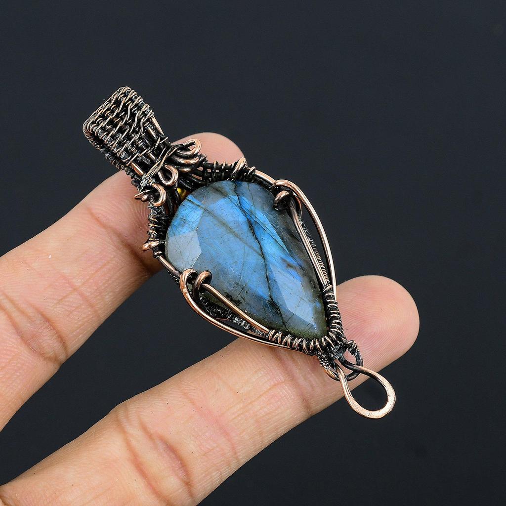 Labradorite Pendant, Handmade Gemstone 999 Copper Wire Wrapped Pendant Antique Jewelry, For Gift Silver Jewelry
