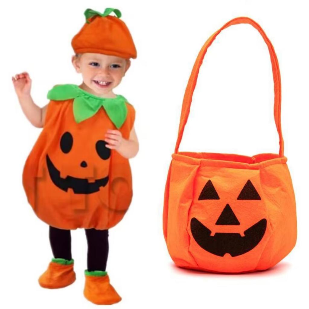 Set Costume di Zucca di Halloween per Bambini Ragazzi Ragazze Tuta Zucca Carina con Cappello e Sacchetto per Dolci Festa di Halloween Performance sul Palco