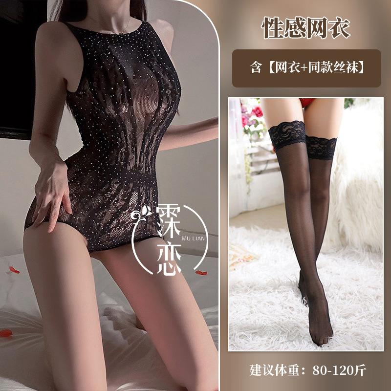Sex Underwear Large Size Hot Diamond One-piece Women's Bikini Jacquard Hollow One-piece Mesh Sexy