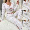 Heart Print V-neck Jacquard Pajama Set for Women - Long Sleeve & Pants