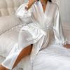 New pajamas European and American sexy fashion lace-up nightgown lace long-sleeved V-neck long ice silk loungewear