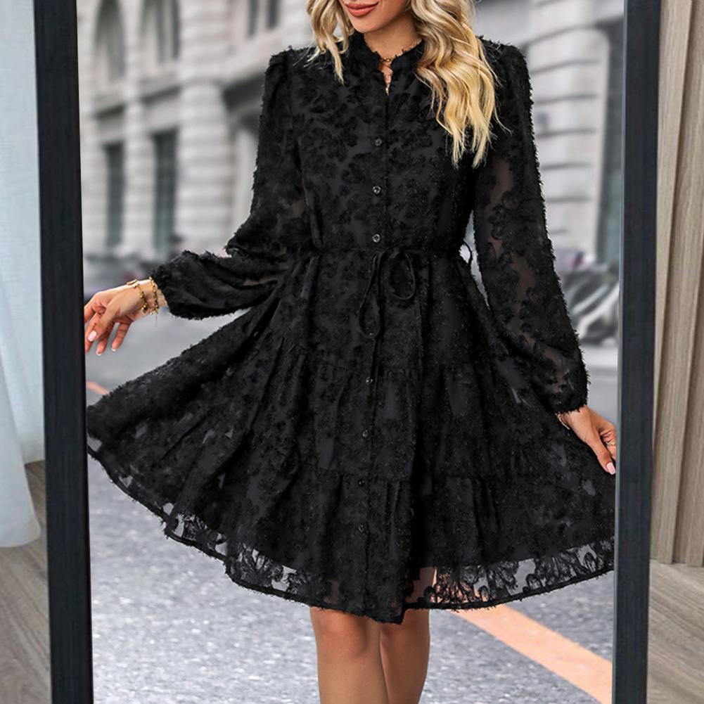 Damen A-Linien-Kleid, elegantes Midi-Spitzenkleid für Damen mit langen Ärmeln, schmale Taille, für Herbst-Frühlingspartys und Verabredungen, Rundhalsausschnitt, Midi