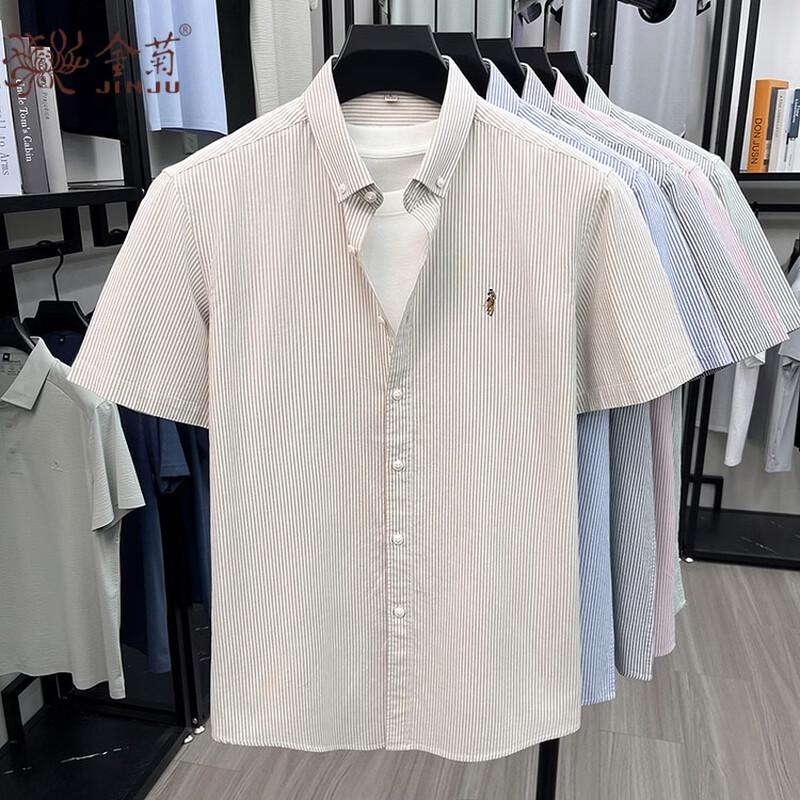 Men s Summer Casual Vertical Stripe Short Sleeve Cotton Shirt 3XL