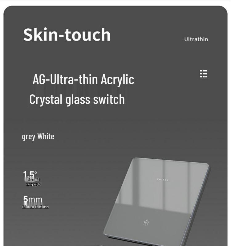 Bardzo cienki panel przełącznika i gniazdka z szarego szkła kryształowego - Typ 86, montaż podtynkowy, zestaw pięciootworowy do użytku domowego.