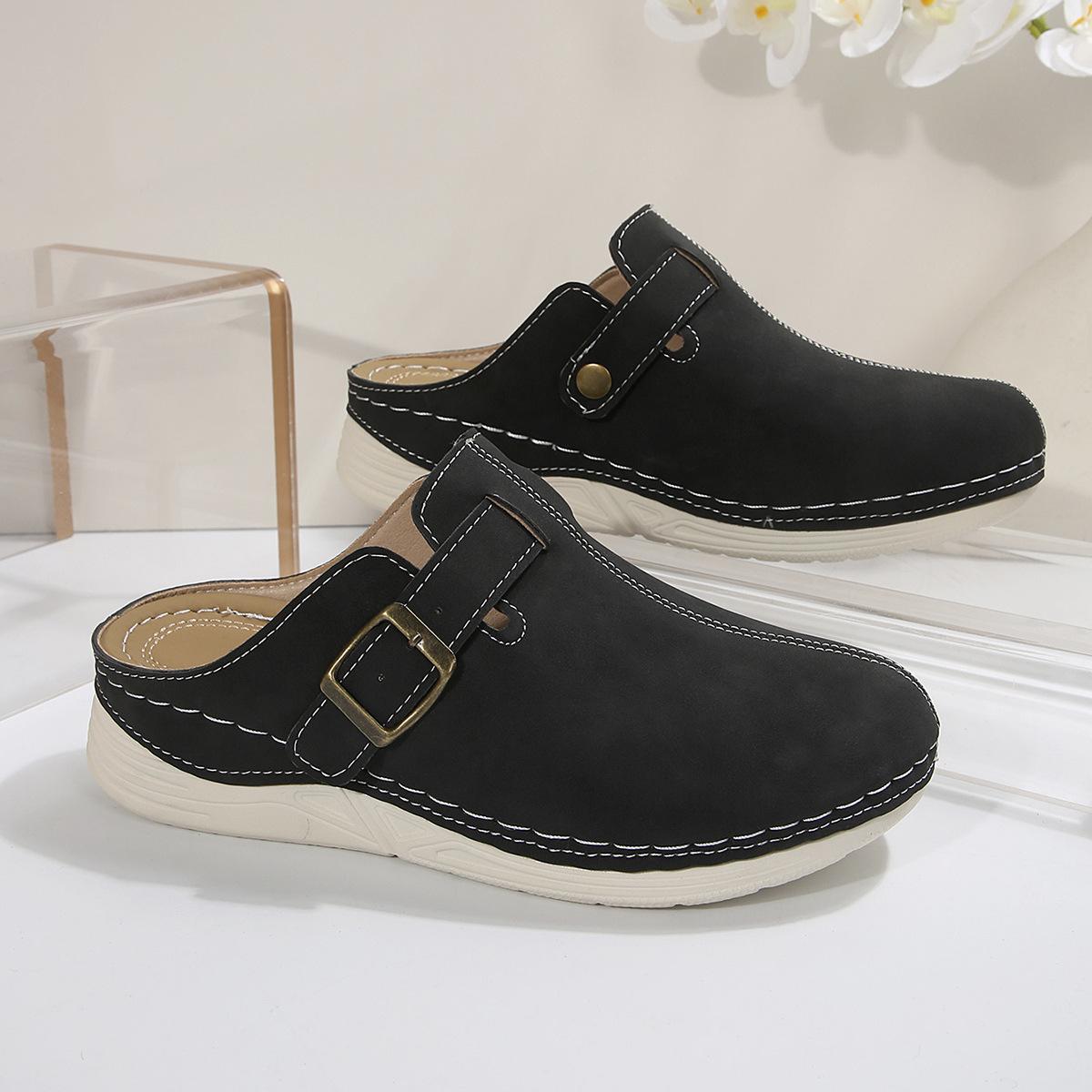 Тапочки Baotou женские летние 2025 новые однотонные женские классные тапочки на танкетке с металлической пряжкой 36 чёрный