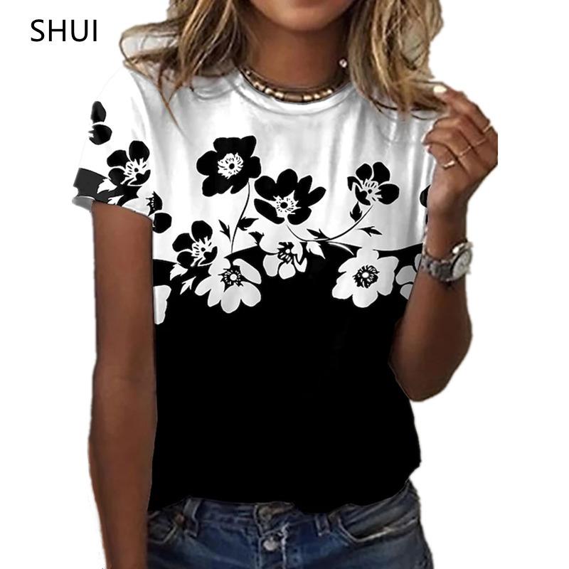Fashion Art Flower Pattern T-shirt Women's Summer Casual Pattern T-shirt Women's Casual Elegant Short Sleeve O-neck T-shirt Top