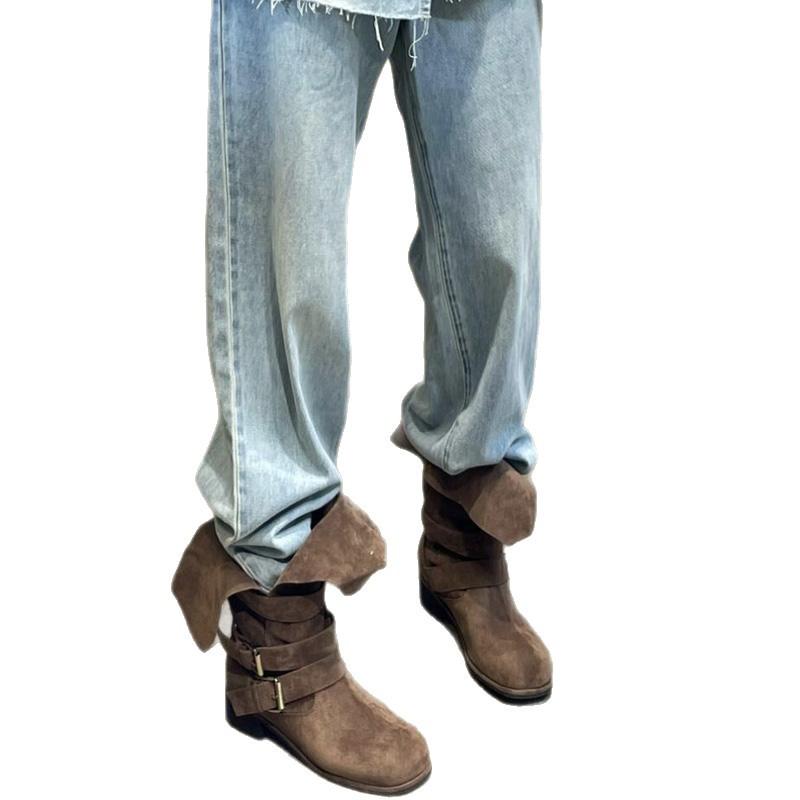 Cowhide version~ Korean niche belt buckle western cowboy boots women's matte two wear medium boots thick heel knight boots