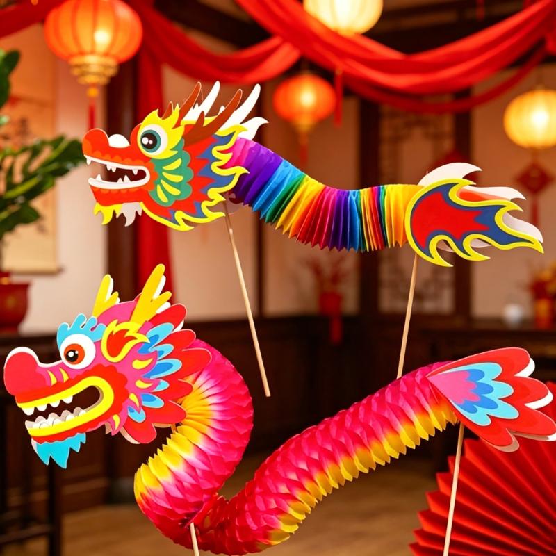 Chinesische Papierdrachen-Dekoration Bunter faltbarer handgehaltener Drachenspielzeug für Neujahrsfest Party Heimschmuck DIY Bastelarbeiten
