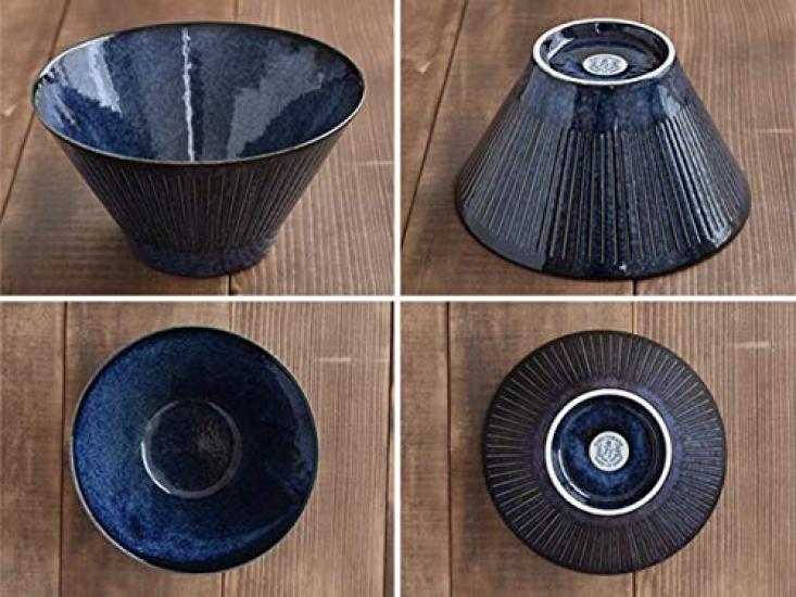 Tableware East Japanese Tableware Trapezoid Multi-Bowl (M) with Carved Tokusa Design, Rice Bowl, Café Tableware (Deep Sea)
