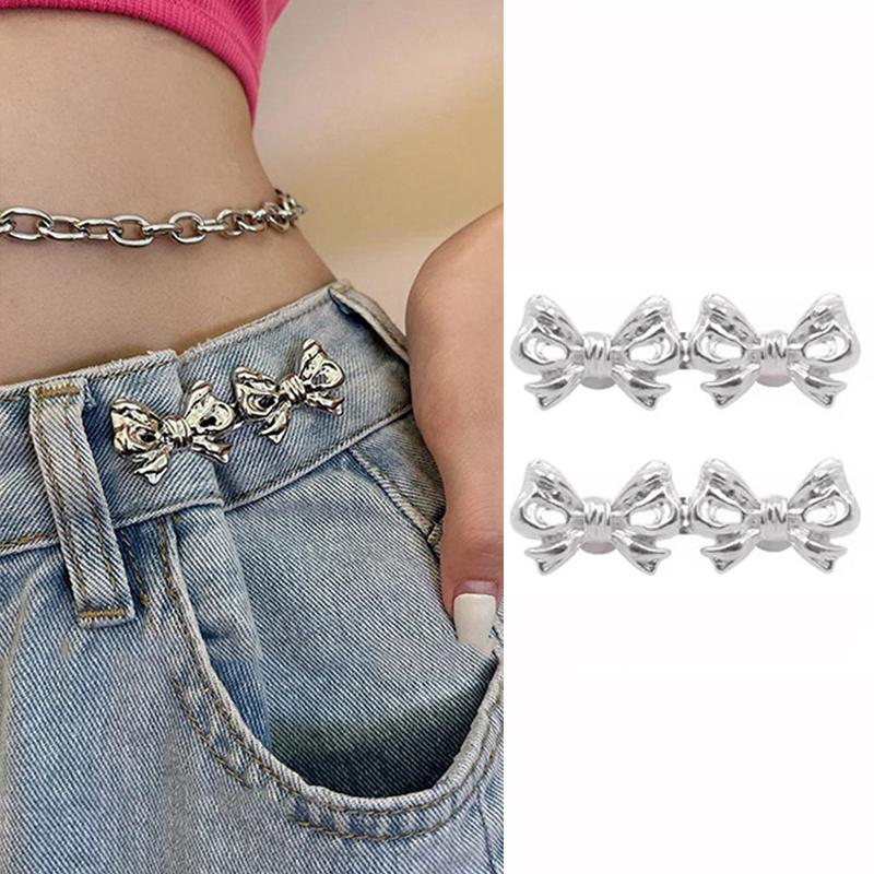 2Piece Jeans Waist Tightener Adjuster Kit, Effortless No Sew Tightening, Silver Adjustable Buttons Fit On Loose Jeans & Pants