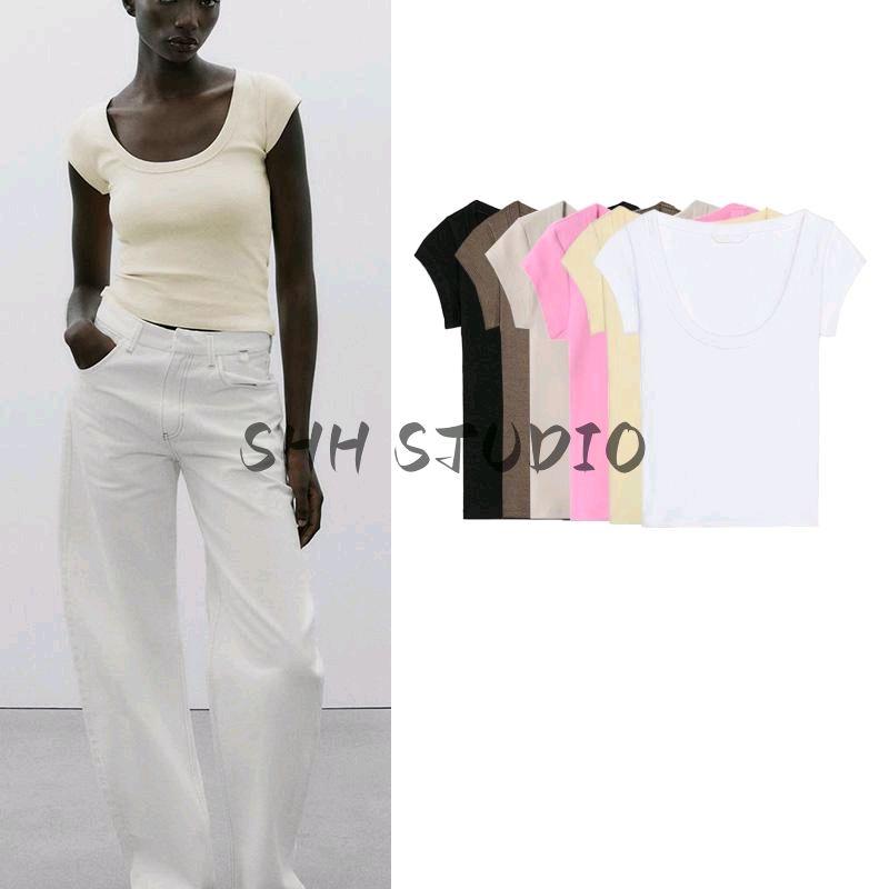 Spring New Women clothes American Style Gyaru Cotton Blended round Neck Super Short sleeve Basic Top 4174320