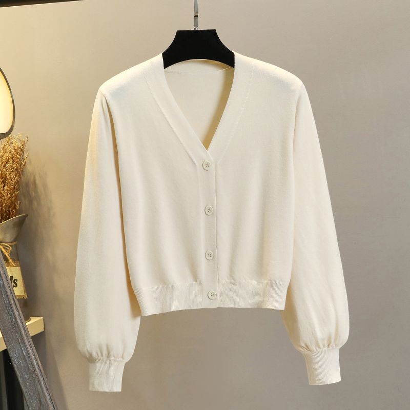 

V Neck Avocado Lantern Sleeve Knitting Tup Cardigan Apricot color M