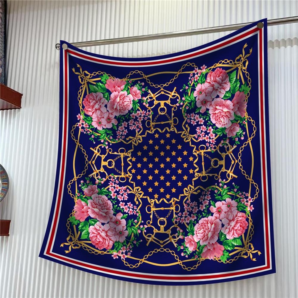 Silk Scarf Women Floral Printed Square Scarves Head Echarpes Silk Foulards Femme Wraps Beach Shawls Bandana Lady Hijabs 90CM