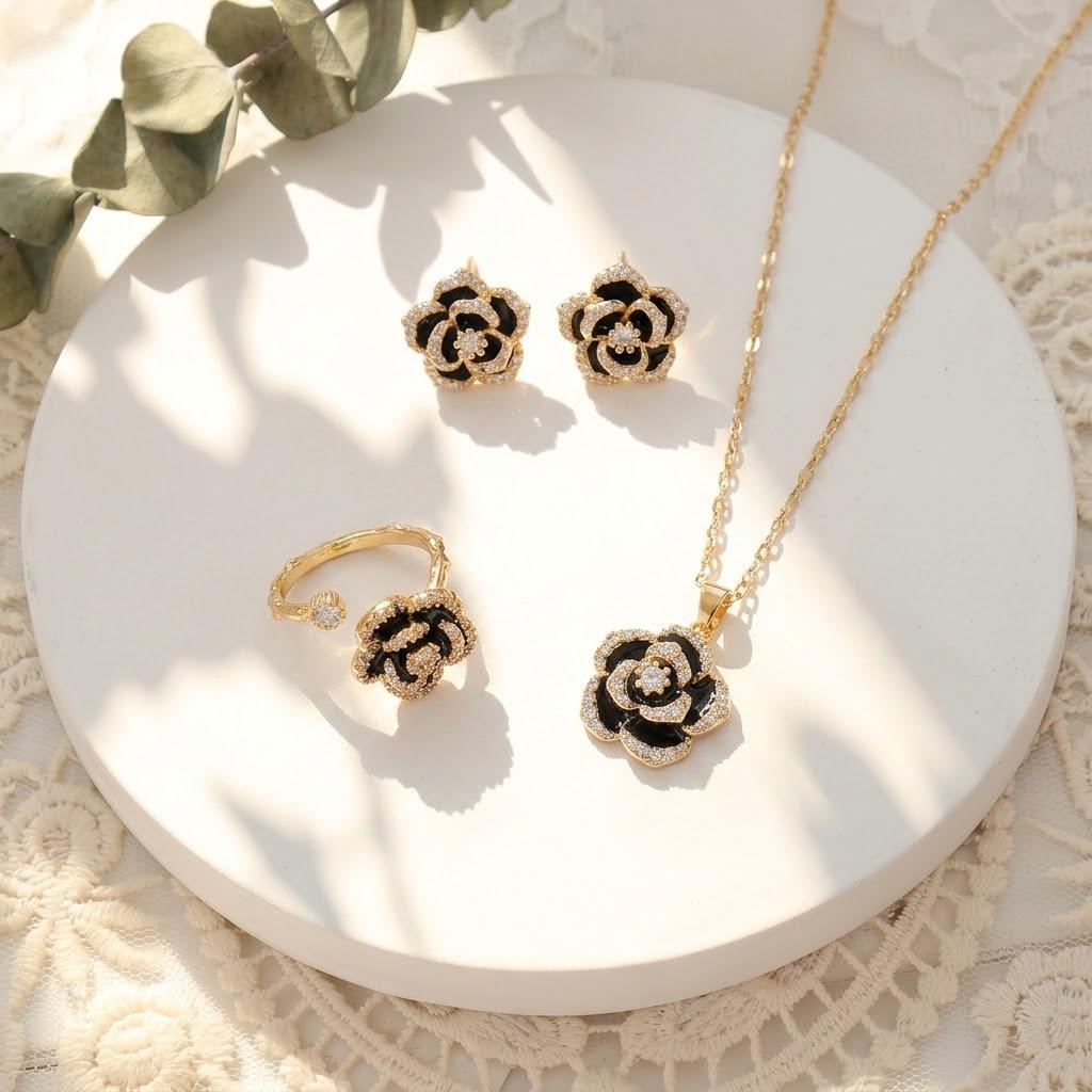 Women's Japanese-Korean Style Zircon Emerald Jewelry Set: Necklace, Ring, Earring, and Elegant Clavicle Chain