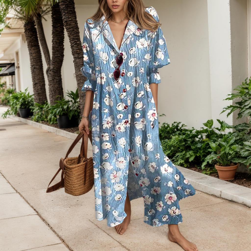 Abito Lungo da Donna a Maniche Lunghe con Bottoni Stampa Floreale Abiti Camicia Lunghi e Svasati Abito Estivo