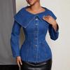 Women's Round Neck Long Sleeve Denim Jacket Regular Elegant Commuter Top Big Lapel Button Peplum Blouse