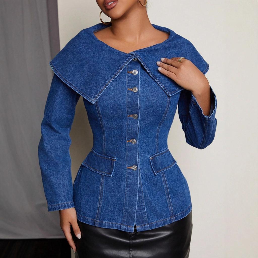 Women's Round Neck Long Sleeve Denim Jacket Regular Elegant Commuter Top Big Lapel Button Peplum Blouse