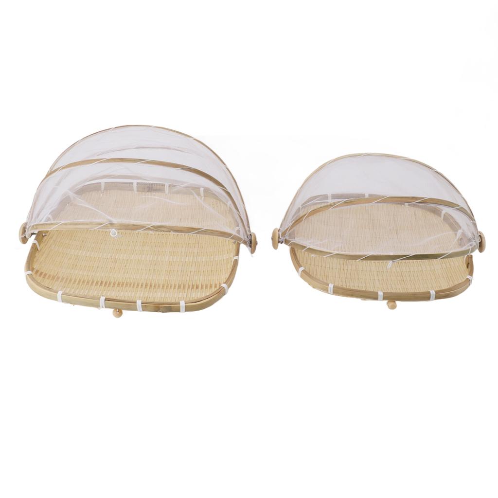 2Pcs Food Serving Tent Basket Fly Skeeter Insect Resistant Bamboo Basket With Dish Mesh Cover