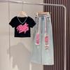 Children's Graffiti Short Sleeve Denim Ripped Pants Set Children's Suit Girls Set