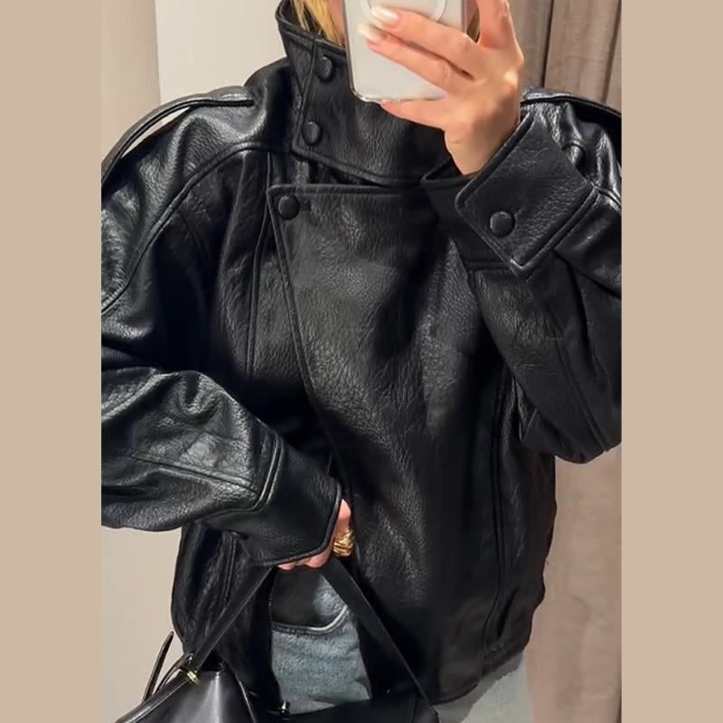 Chaqueta de Mujer con Cuello Mao Manga Larga Doble Botonadura Sólida Chaquetas de Cuero Femeninas Moda Otoño 2025 Ropa Exterior de Calle para Dama