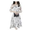 Women O Neck 3/4 Mesh Sleeve Floral Print Large Swing Double Layer Midi Dress
