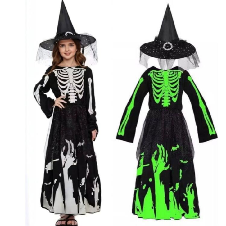 Girls Glow In The Dark Skeleton Ghosty Witch Costume Cosplay Halloween Costume Ghostly Skeleton Dress Witch Hat Gift
