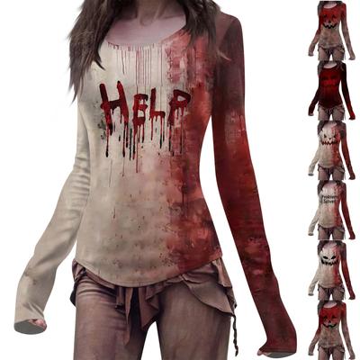 Halloween Blutiges Print-Shirt Damen Langarm Rundhals Top Lustiges Horror-Muster Lockeres Lässiges Herbstshirt