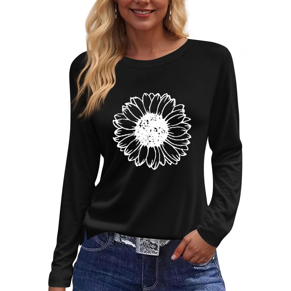 Women's Fashion Casual LongSleeve Print Round Neck Pullover Top Blouse
