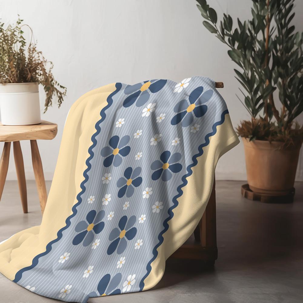 Blue Floral Geometric Pattern Fleece Blanket Soft Throw Cozy Sofa Bed Decorative Gift