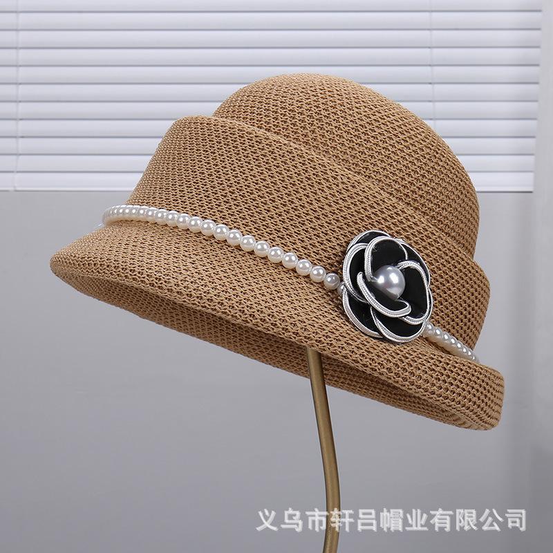 Autumn and Winter New French Elegant Pearl Flower Knitted Top Hat, Thousand Gold Style Temperament Versatile Roll Brim Show Washbasin Hat