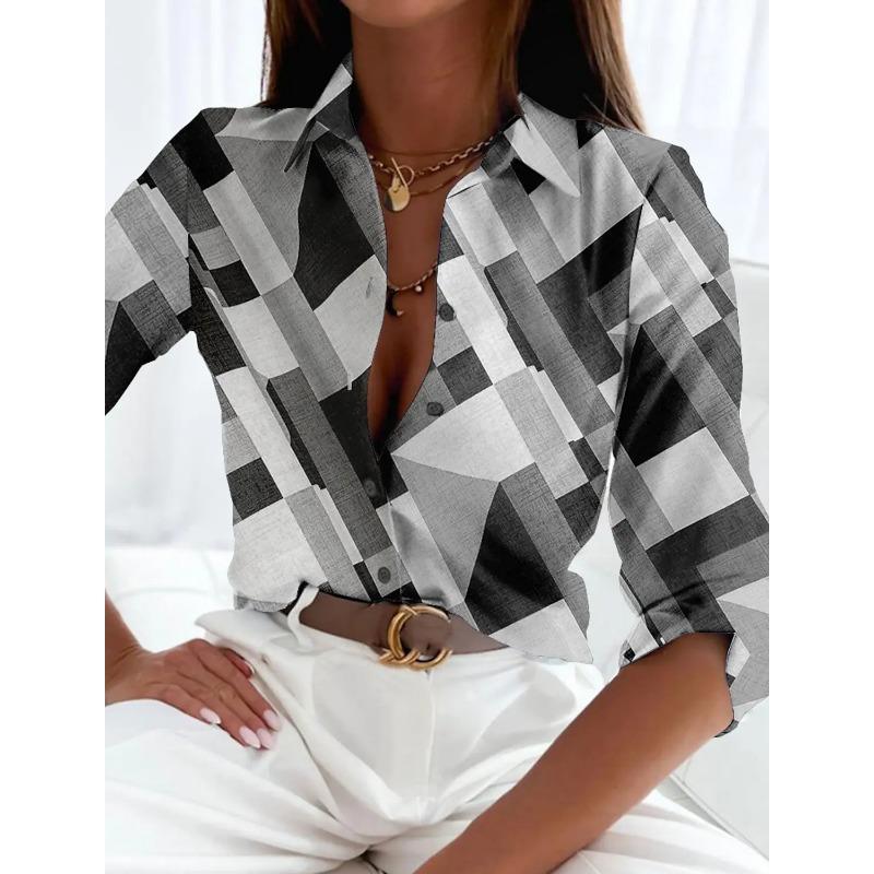 Women's Shirts Elegant Vintage Fashion Geometric Autumn Lapel Neck Blouse Womens Tops Long Sleeve Printed Shirts Womens Clothing