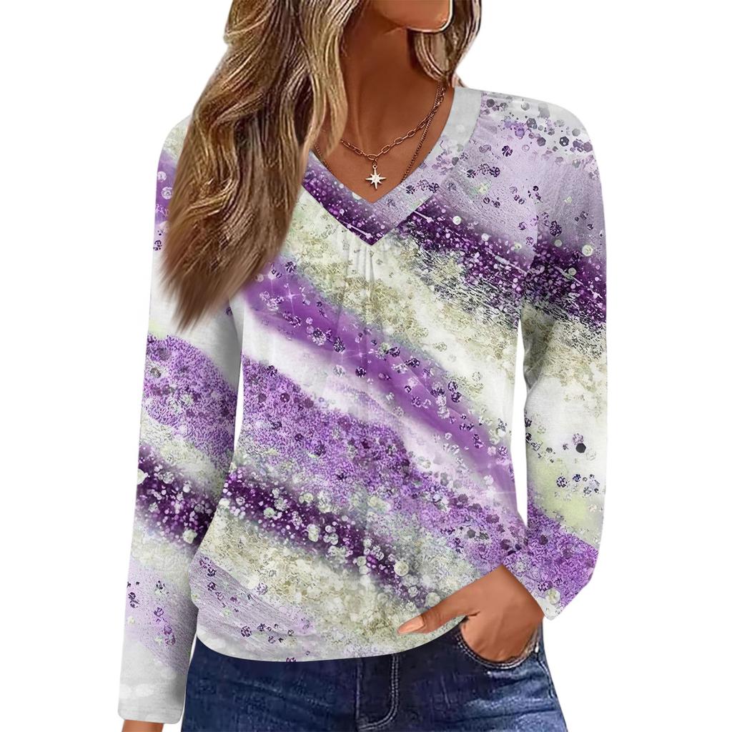 Women's Casual Fashion V-Neck Raglan Pleated Floral Print Long Sleeve Top