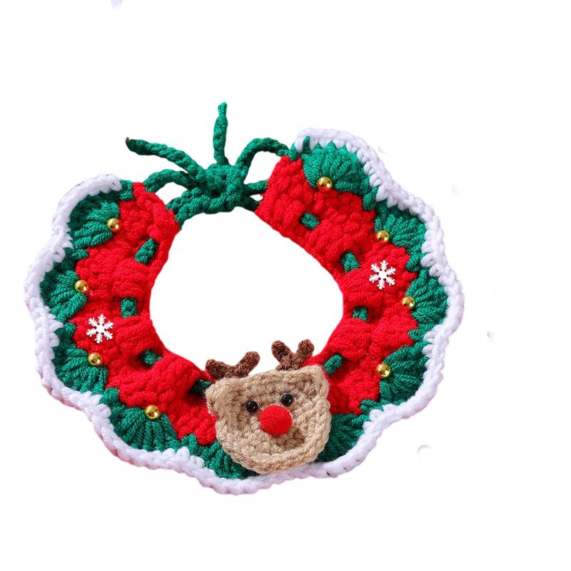 Adjustable Red Green Christmas Cat Collar Handmade Santa Claus Reindeer Knitted Drool Bib Scarf Pet Cat New Year Collars