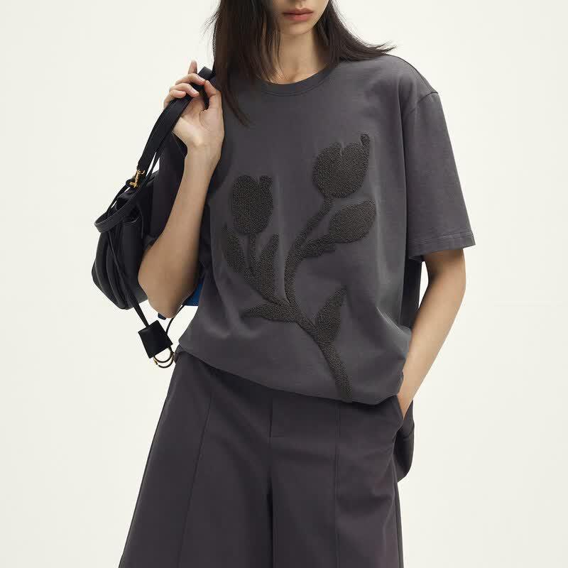 Women's 3D Flocked Floral Short Sleeve T-Shirt