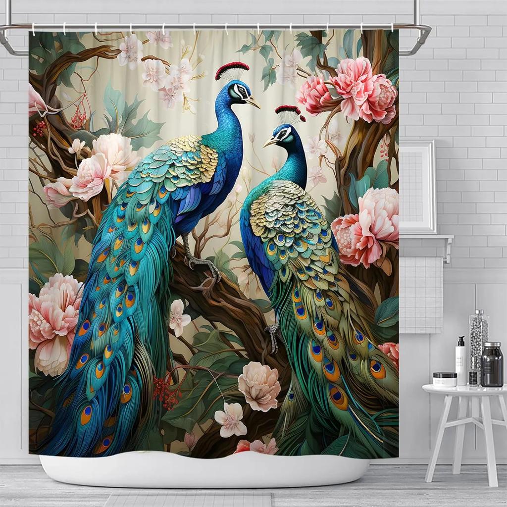 Vintage Peacock Shower Curtain Beautiful Turquoise Blue Peacock Floral Polyester Fabric Shower Curtain Bathroom Decor with Hooks