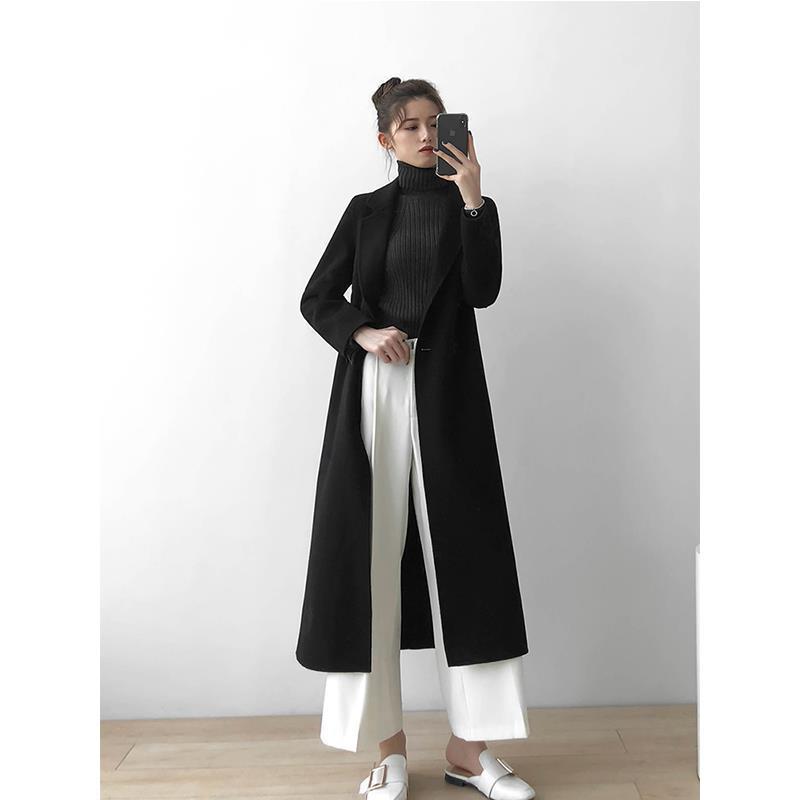 Women's Mid-Length Black Wool Coat - 2023 Autumn/Winter Thickened Slimming Versatile Korean Style Overcoat