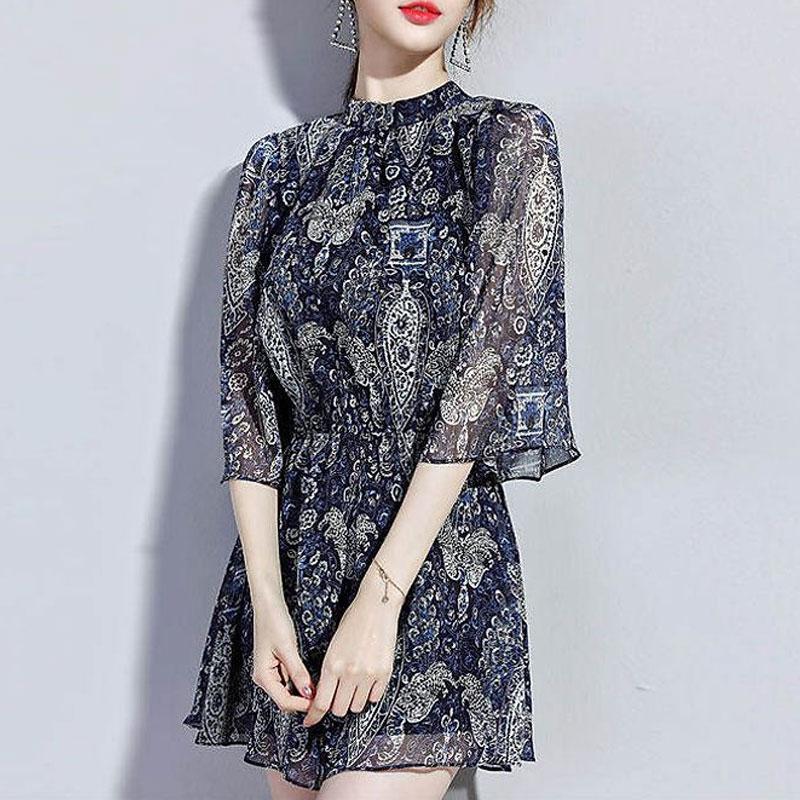 

Летнее элегантное миди-платье со стойкой воротником, винтажным народным принтом, женская одежда для работы, с рукавами до локтя, отрезное по талии, А-силуэта XXXL бежевый