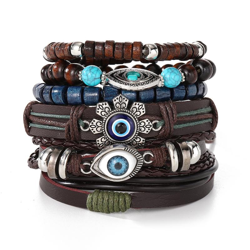 Boho Multilayer Leather Bracelets Evil Eye Charm Beads Bracelet Bangle For Women Men Vintage Punk Wrap Set