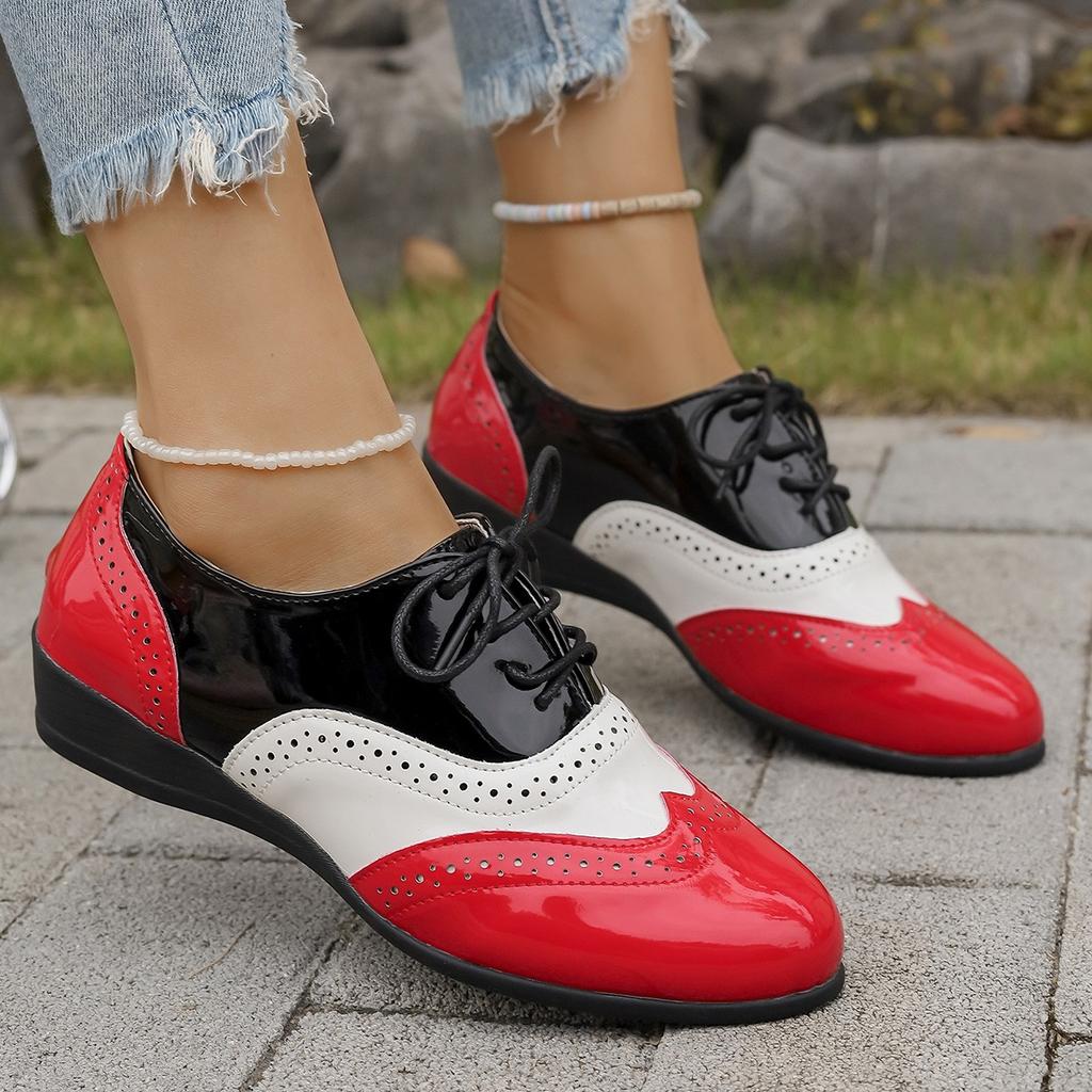 Fashion Round Toe Casual Woman Shoe Oxfords Female Footwear Leather Dress Rubber Solid Leisure Lace-Up Rome Flat PU Fabric Brogue