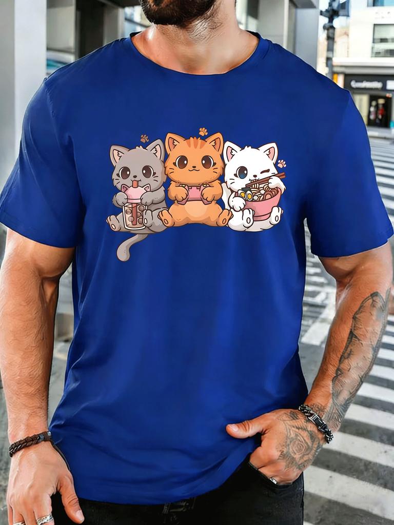 Unisex Short Sleeve T Shirt Three Cute Cats Graphic Tee Bubble Tea Print Tops Summer Soft Cotton Casual Street Wear For Adult Male