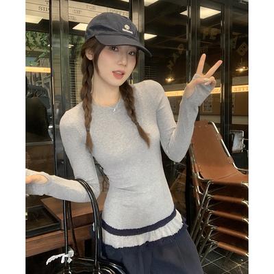 Designed Double-layered Round-neck Long-sleeved Bottoming Shirt with Earrings for Women In Autumn and Winter with T-shirt Slim Fit and Beautiful Top