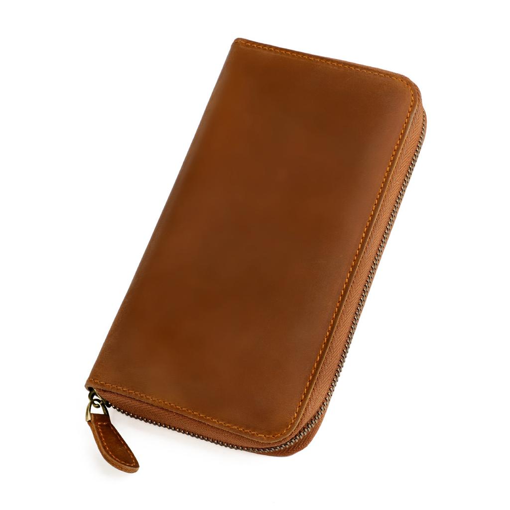 Vintage Crazy Horse Leather Men Wallet Long Zipper Card Holder Wallet