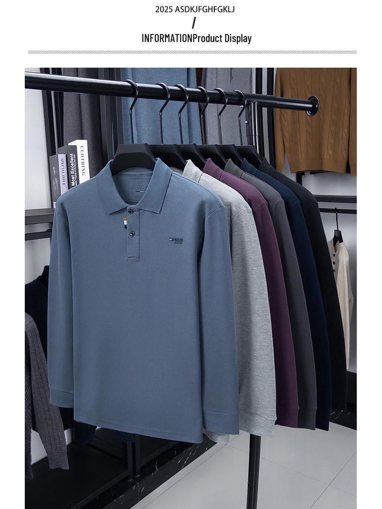 Men's Autumn Turn-Down Collar Long Sleeve Polo Shirt - Solid Color Embroidered & Loose Fit