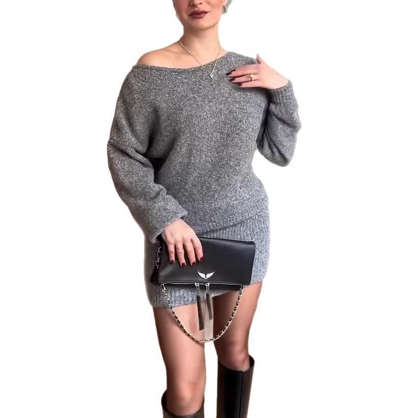 European & American Women's Fashion 2026: One-Shoulder Long-Sleeved Bodycon Skirt with Belt (Autumn Collection).
