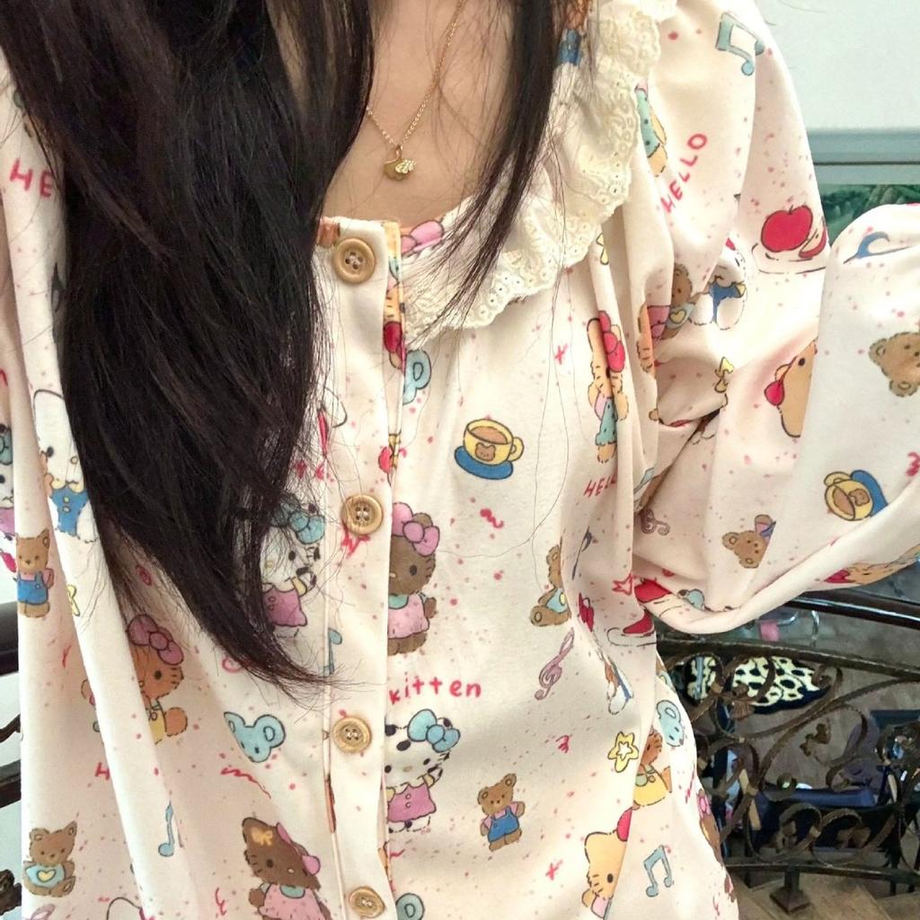 Cute lace cat girl pajamas spring and autumn cardigan long sleeve trousers set soft cute sweet loungewear